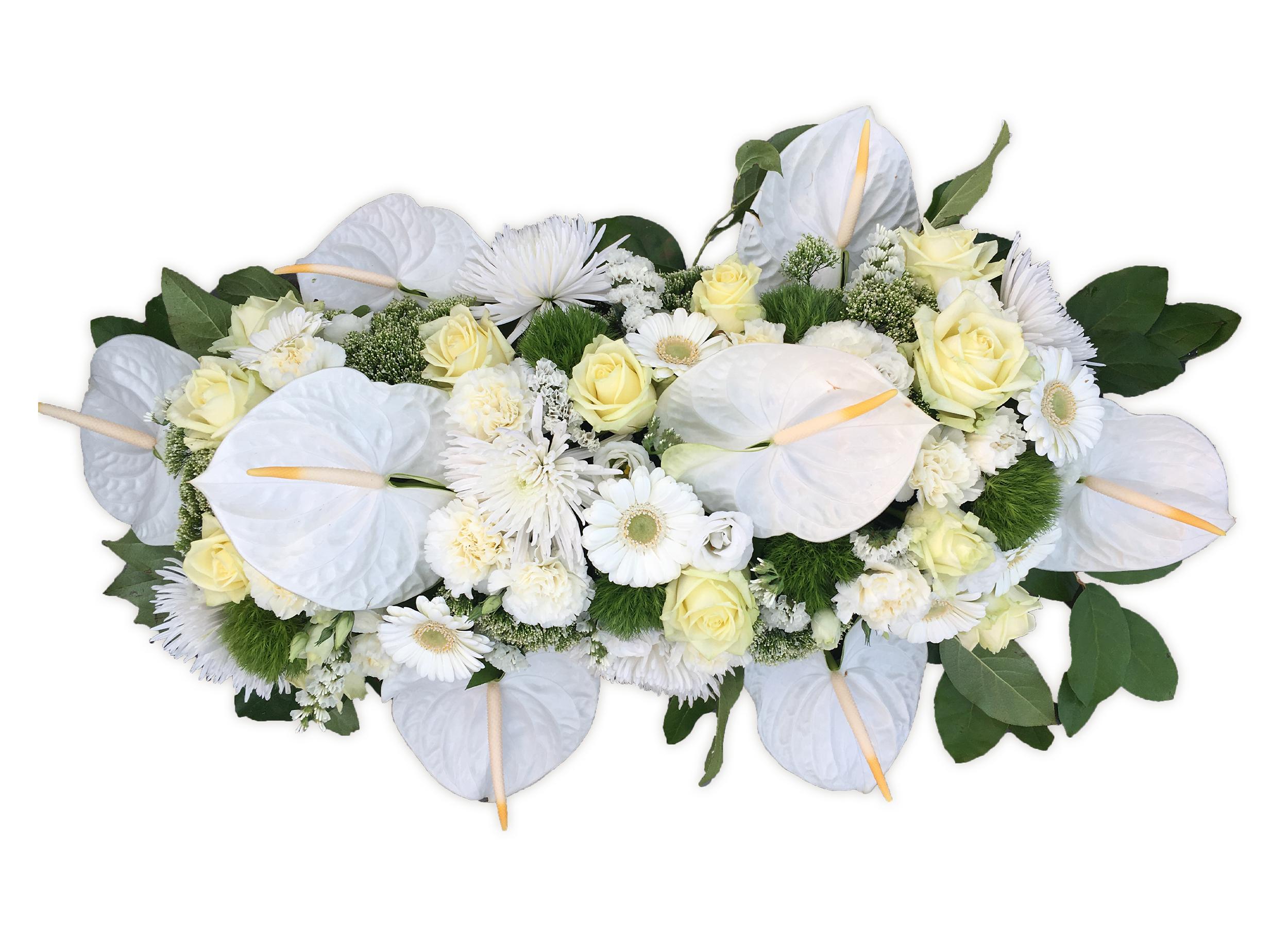 Langwerpig bloemstuk met Anthurium